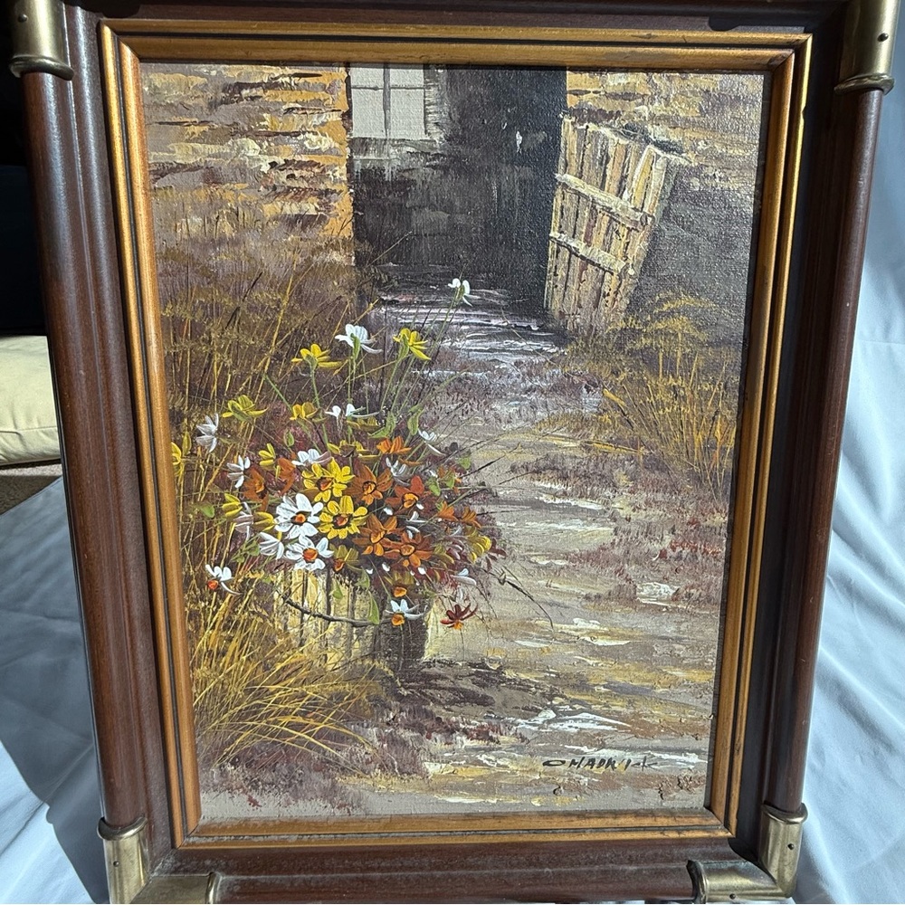 “Bucket of Flowers” Framed Rustic Floral Pathway Painting by Chadwick 70’s, 80’s